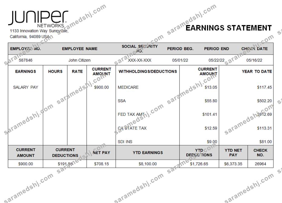 USA Juniper networking company pay stub